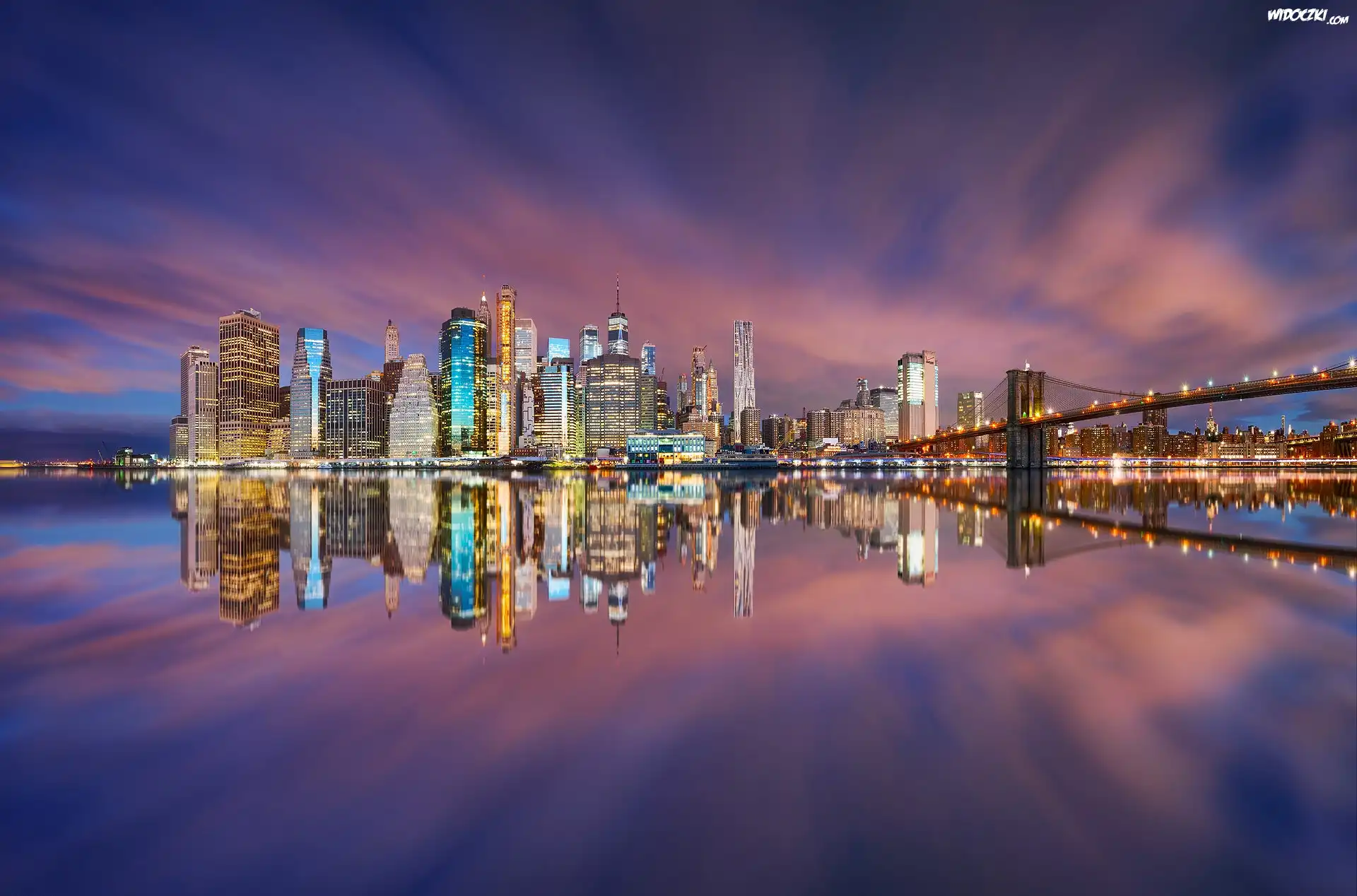 Nowy Jork, Wieżowce, Most Brookliński, Brooklyn Bridge, Rzeka, Cieśnina East River, Świt, Nowy Jork, Stany Zjednoczone