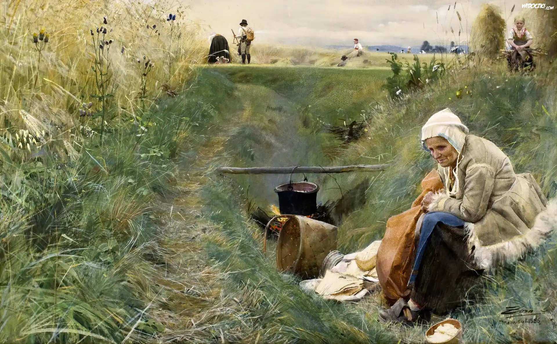 Malarstwo, Obraz, Anders Zorn, Kobieta, Ognisko, Pole