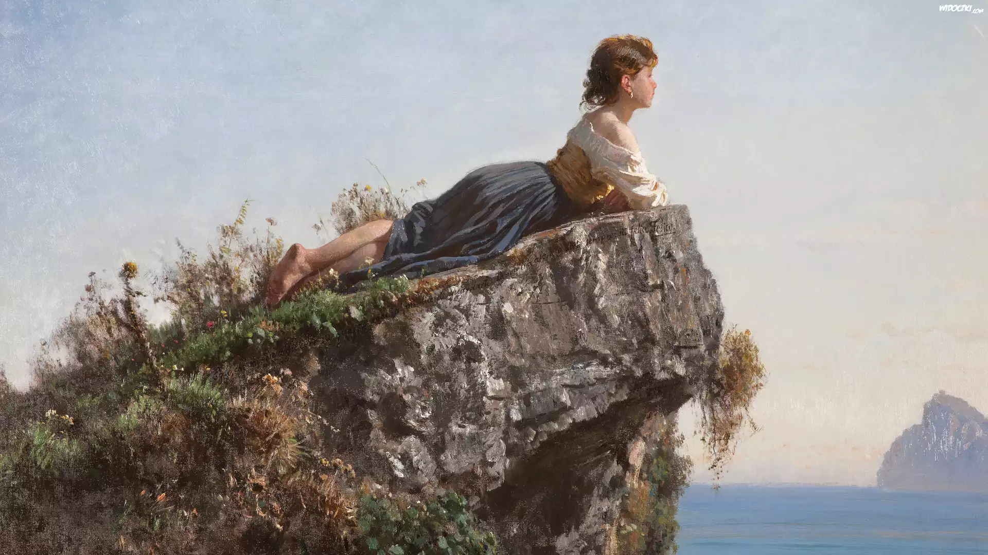 Obraz, Malarstwo, Filippo Palizzi, Tytuł, Girl on The Rock in Sorrento, Dziewczyna, Skała