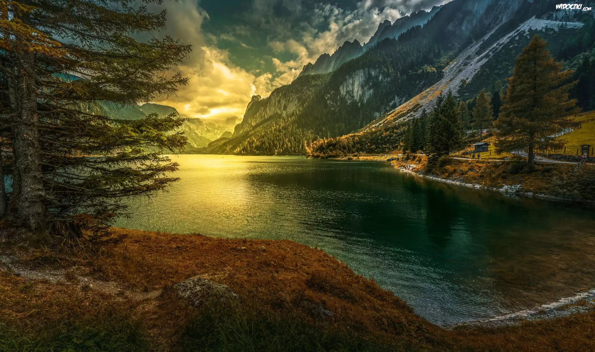 Austria, Gosau, Powiat Gmunden, Obszar Salzkammergut, Góry Dachstein, Jezioro Gosauseen, Zachód słońca, Lasy, Drzewa