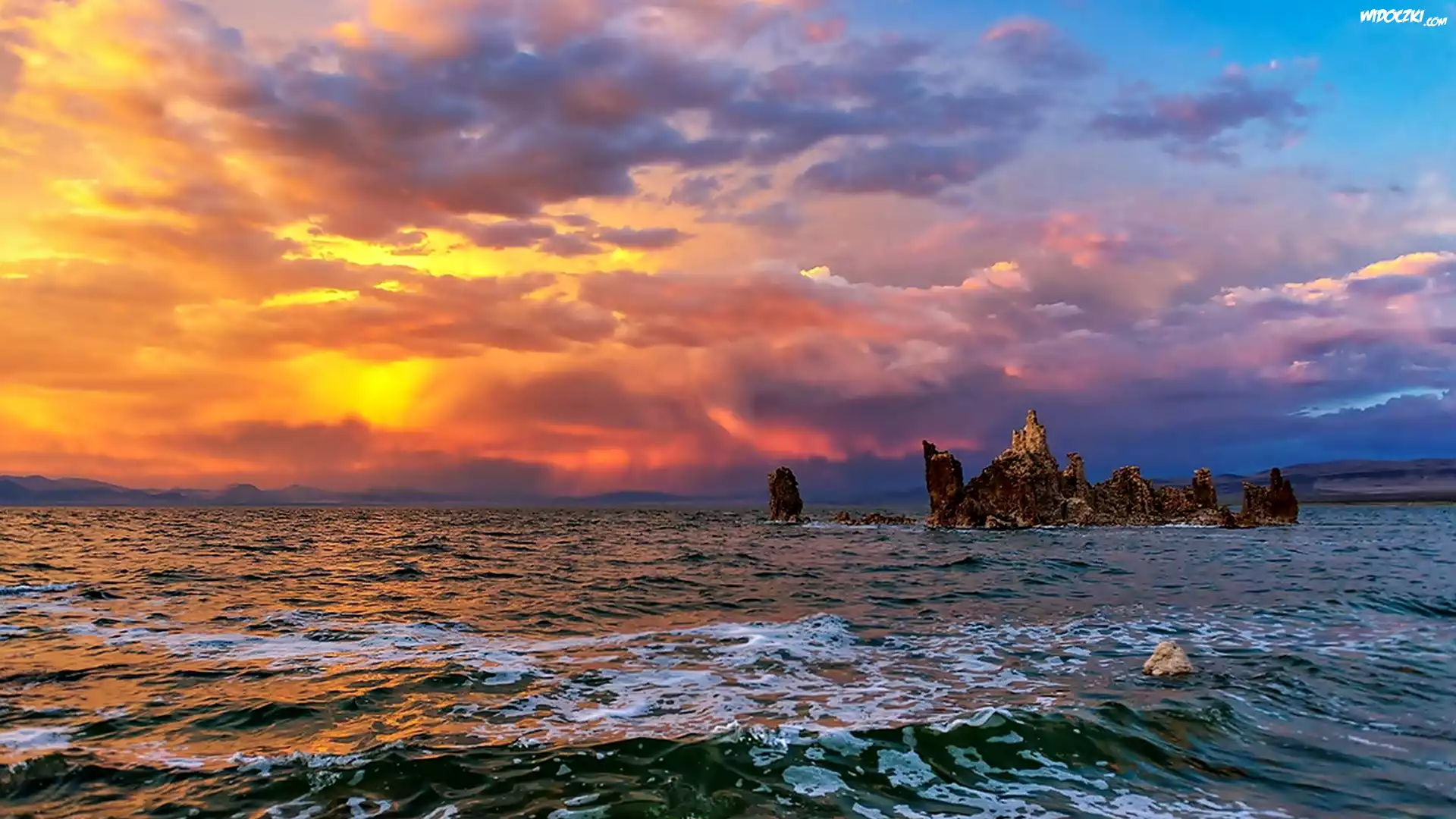 Ocean, Zachód Słońca, Fale, Skały