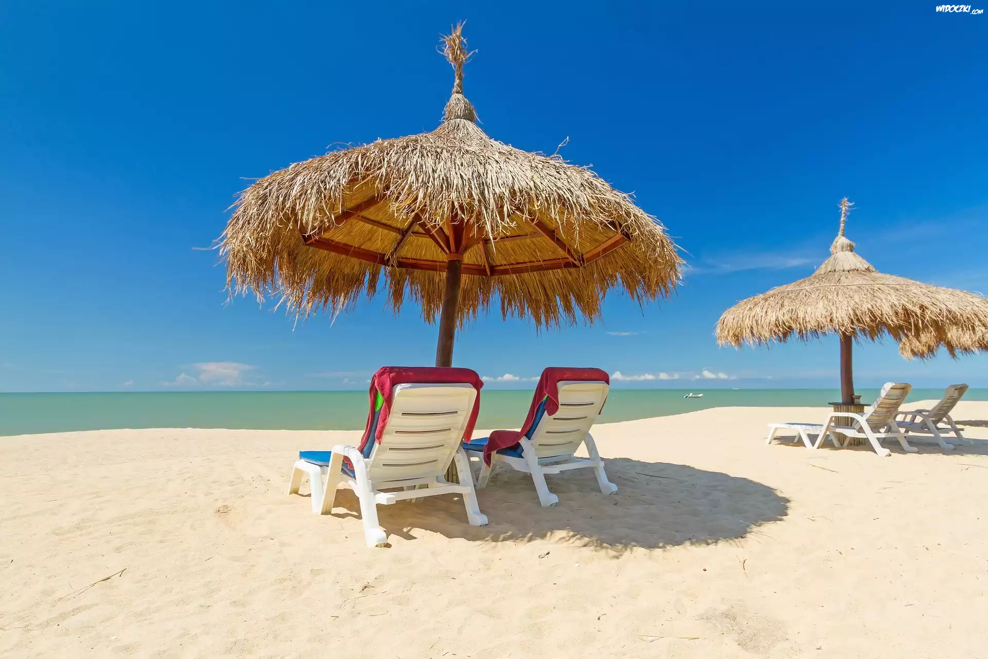 Ocean, Plaża, Parasole, Leżaki, Wakacje