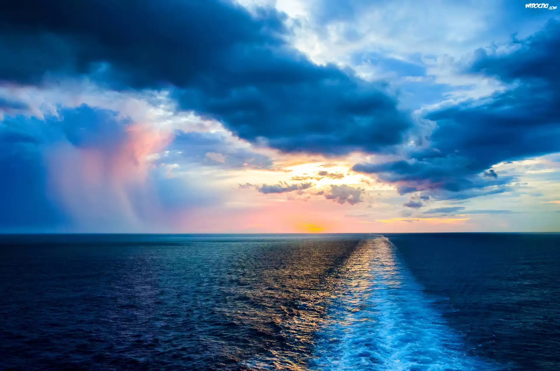 Ocean, Morze, Zachód, Słońca, Chmury