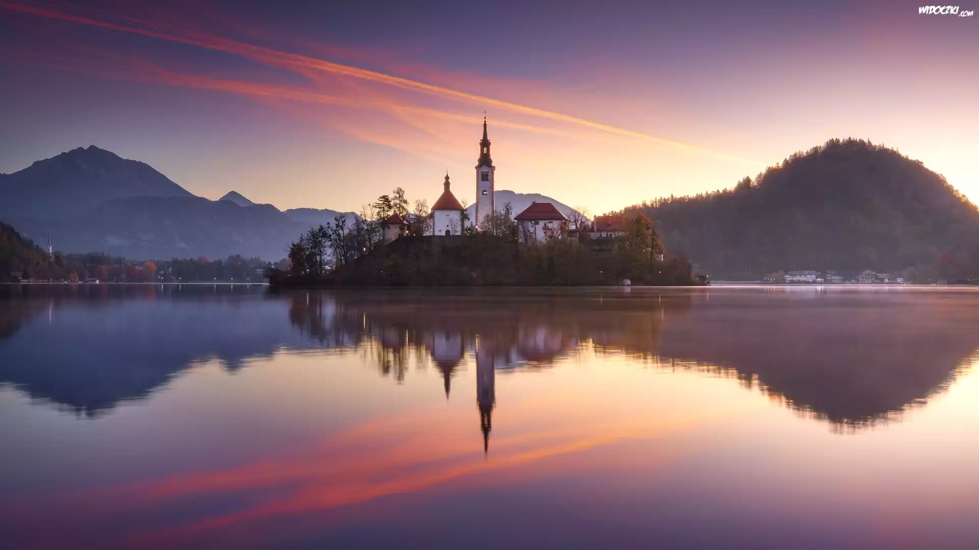 Słowenia, Wyspa Bled, Jezioro Bled, Góry, Kościół, Odbicie