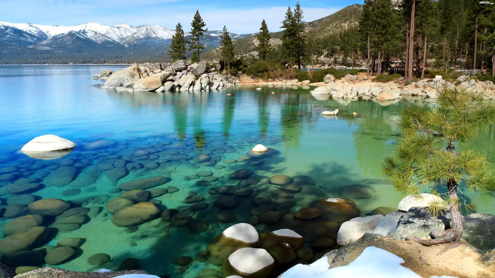 Nevada, Park, Stanowy, Jezioro, Tahoe, Góry, Las, Kamienie, Odbicie