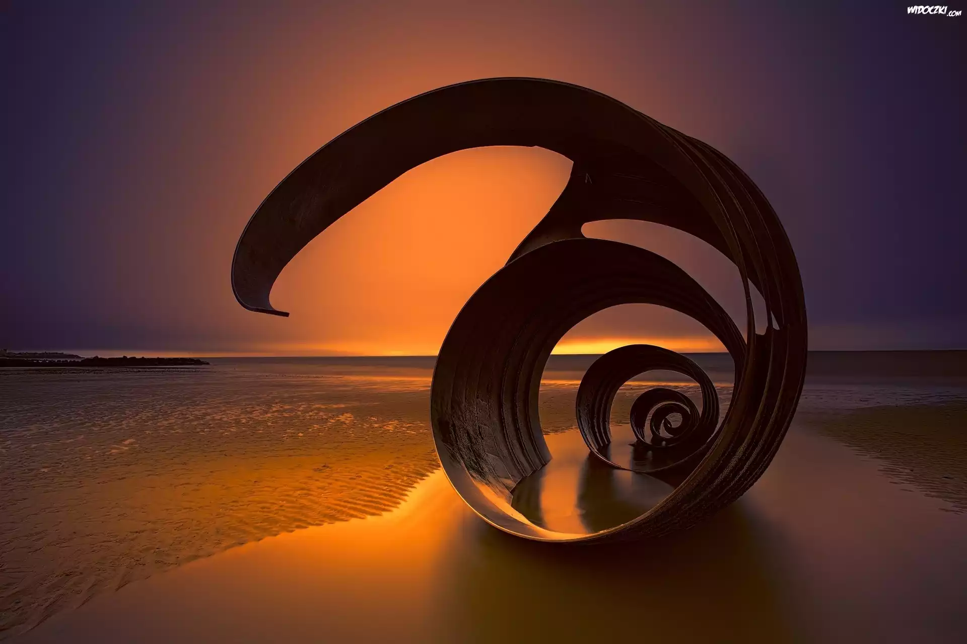 Morze, Odpływ, Plaża, Zachód Słońca, Metalowa, Spirala