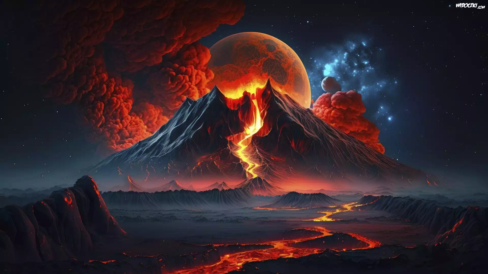 Noc, Wulkan, Erupcja, Ogień, Dym, Księżyc, AI