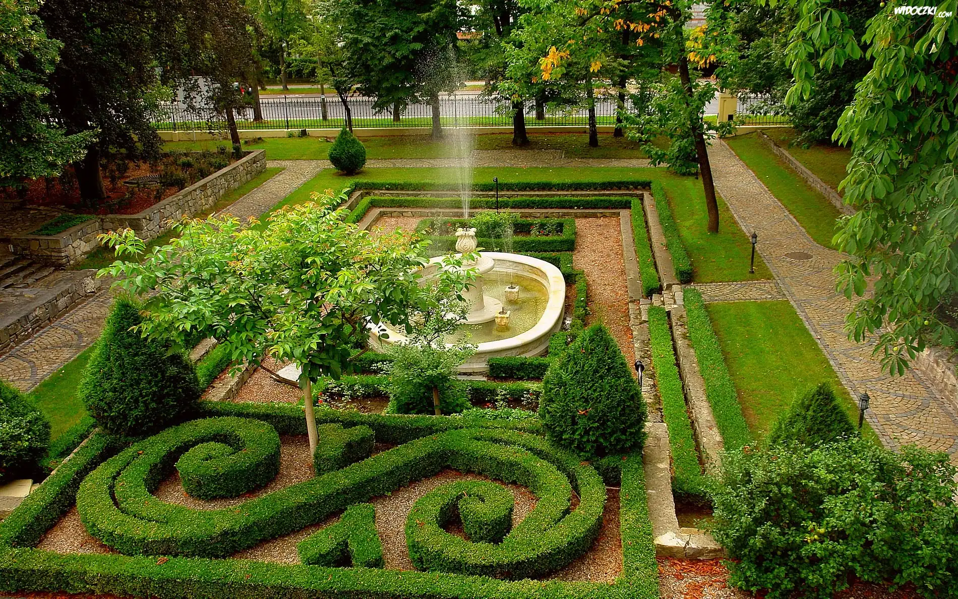 Ogród, Botaniczny, Ozdobny, Żywopłot, Fontanna