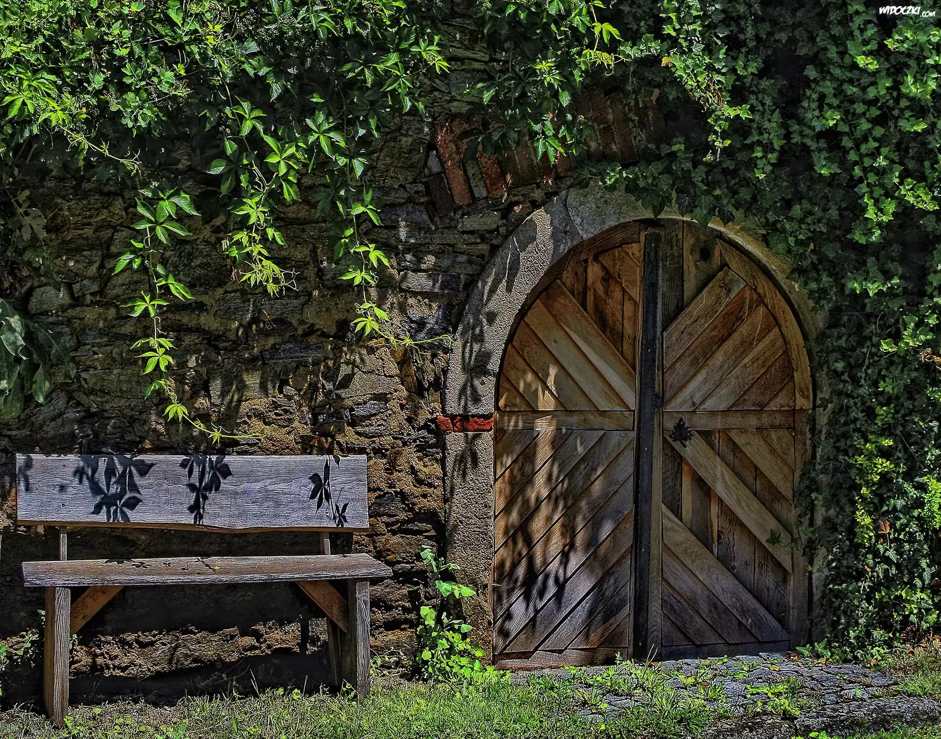 Ogródek, Mur, Liście, Brama, Drzwi, Ławka