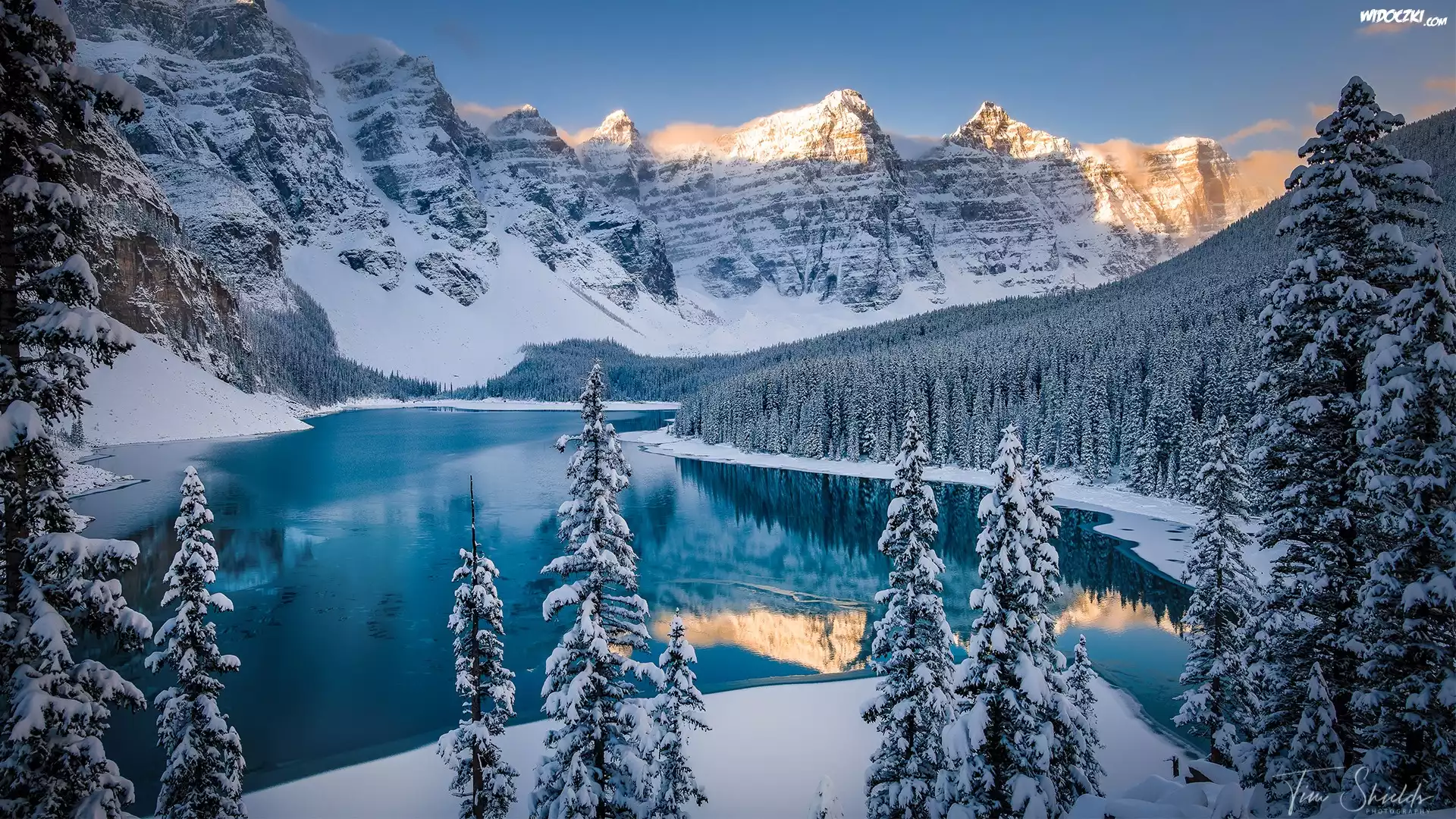 Zima, Góry, Jezioro, Moraine Lake, Ośnieżone, Drzewa, Góry, Park Narodowy Banff, Kanada