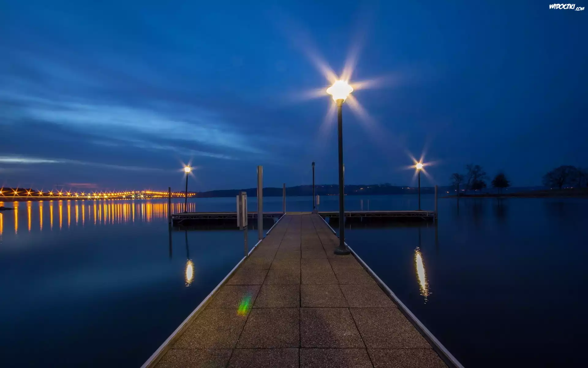 Jezioro, Oświetlone, Molo