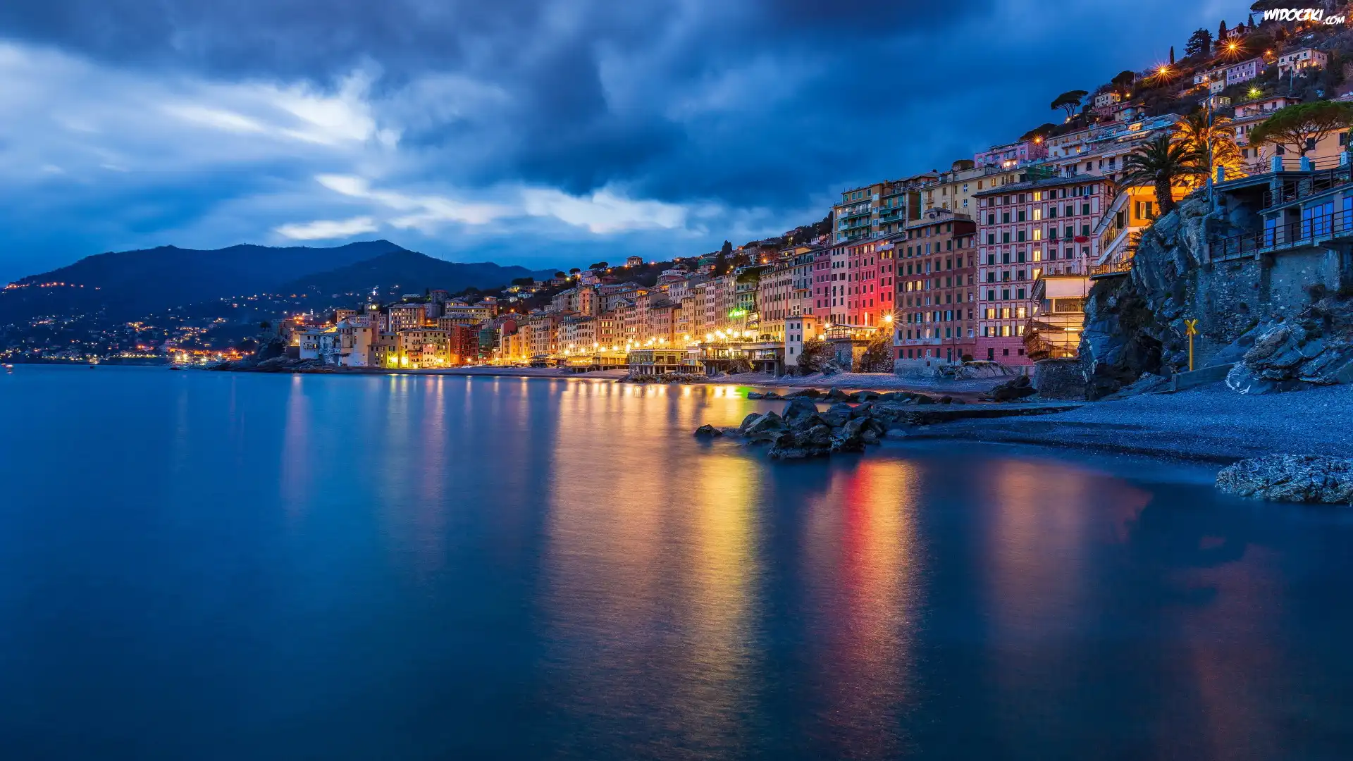 Wybrzeże, Oświetlone, Domy, Morze, Camogli, Liguria, Włochy