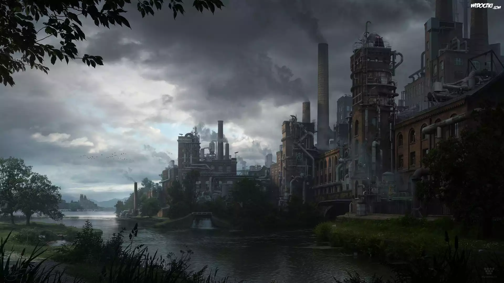 Rzeka, Budynki, Fabryka, Przemysł, Kominy, Niebo, Chmury, Matte Painting