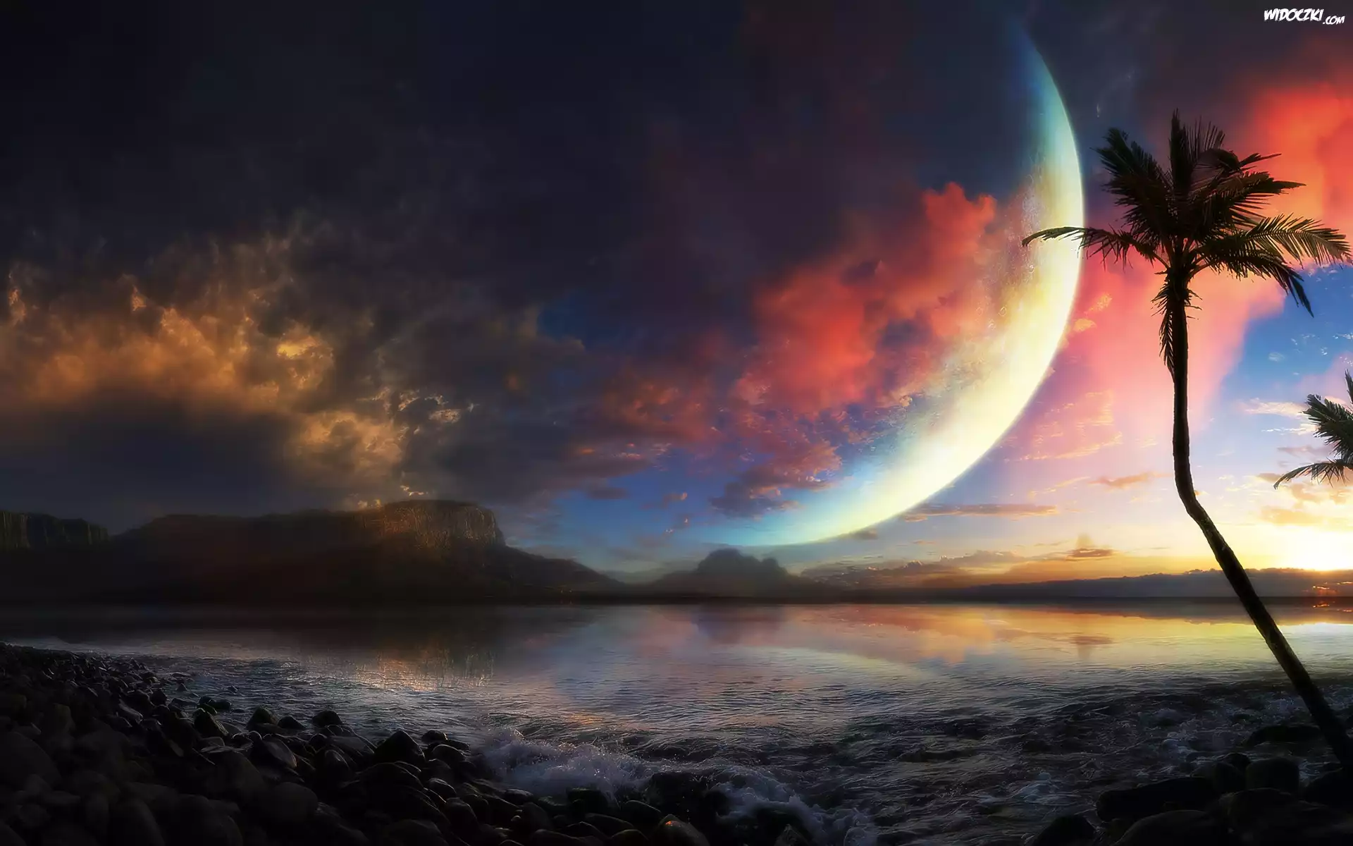Palmy, Fantasy, Morze, Planeta