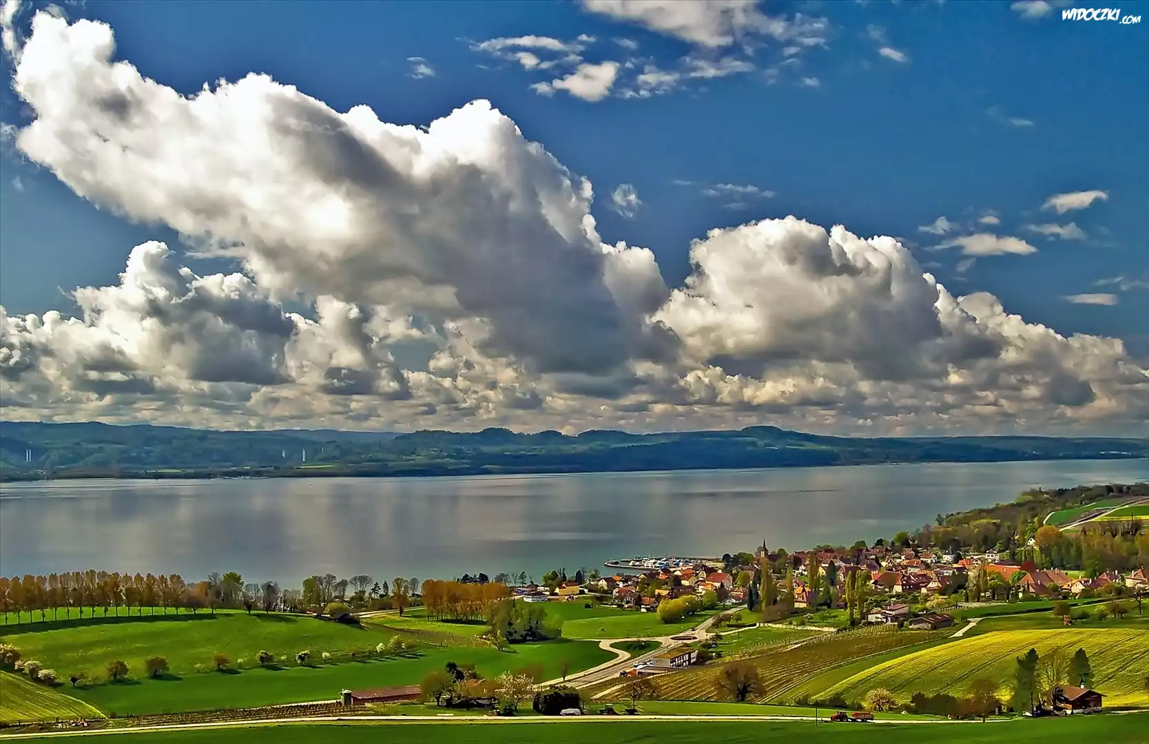 Panorama, Miasteczka, Neuchatel, Jezioro, Łąki