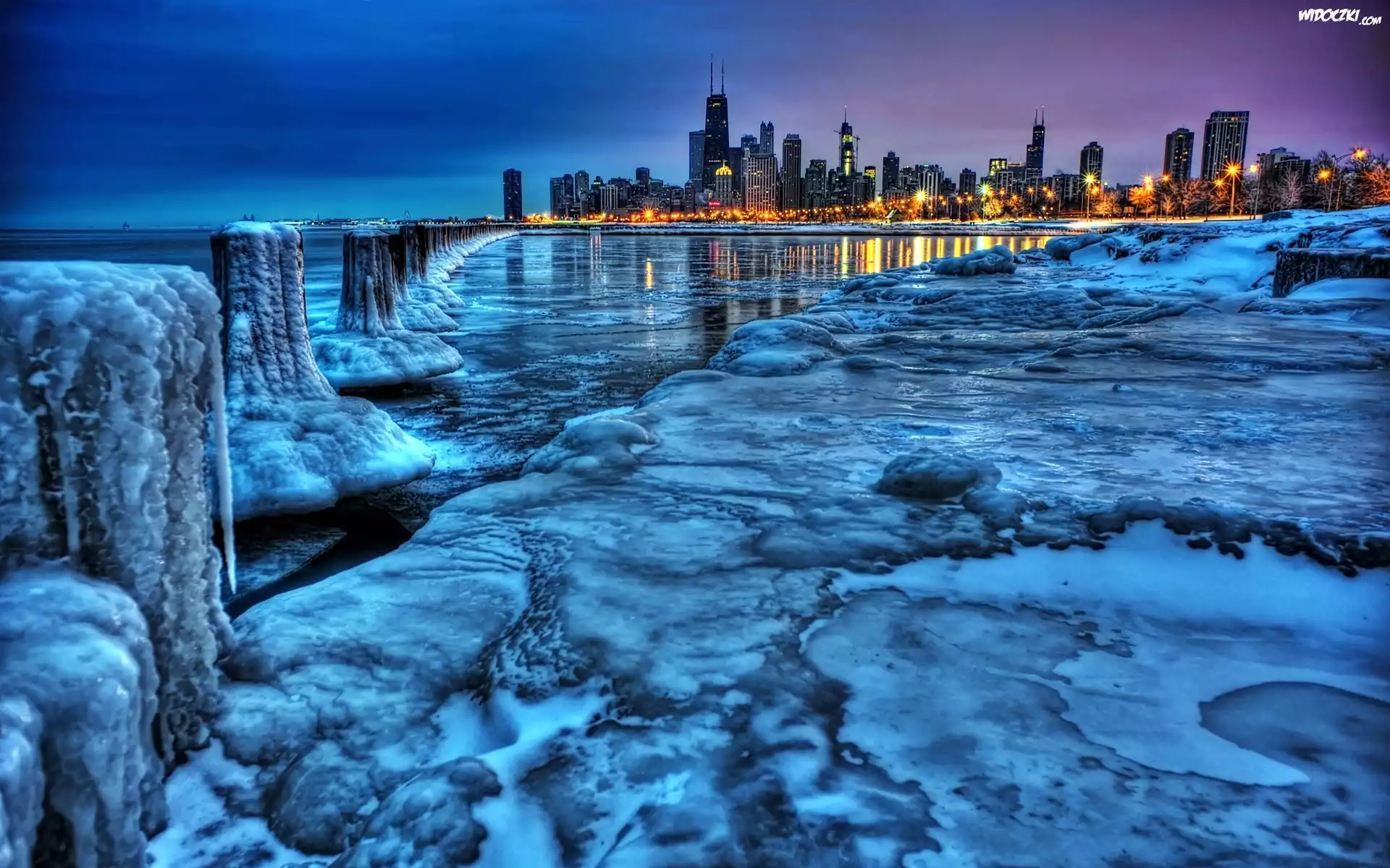 Panorama, Chicago, Nocą, Jezioro, Michigan, Lód
