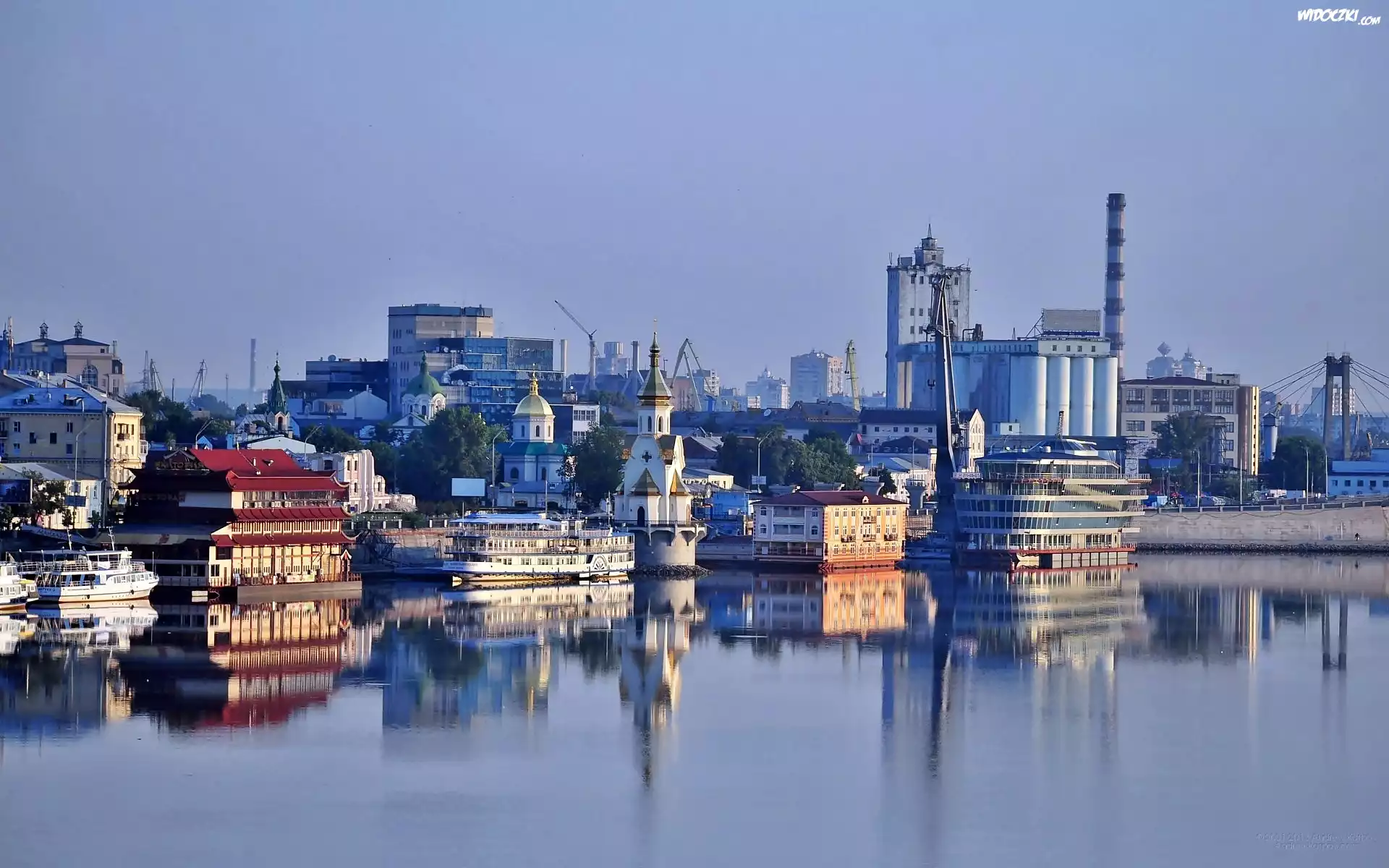 Panorama, Miasta, Dniepr, Statki, Nabrzeże, Odbicie