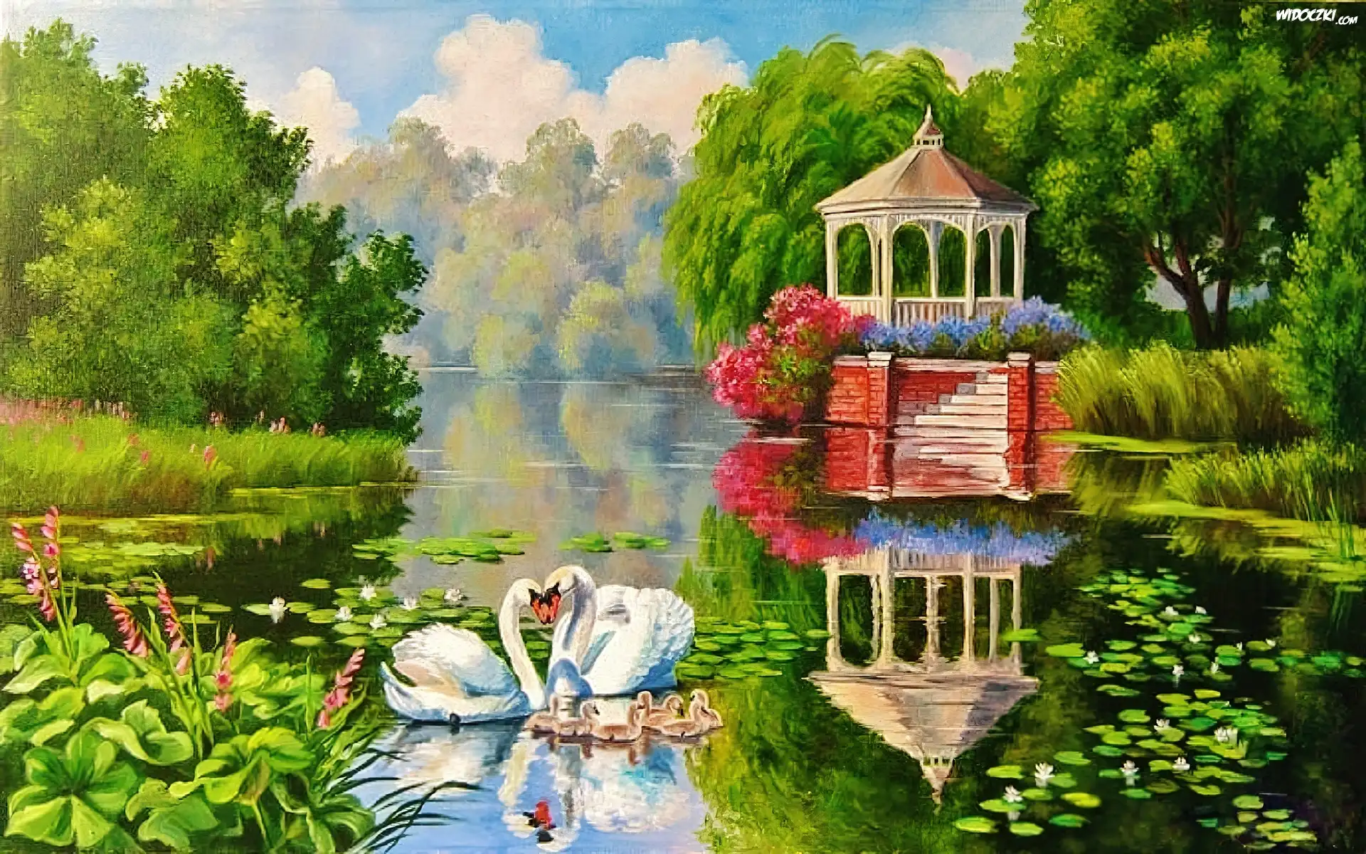 Jezioro, Park, Łabędzie, Altana