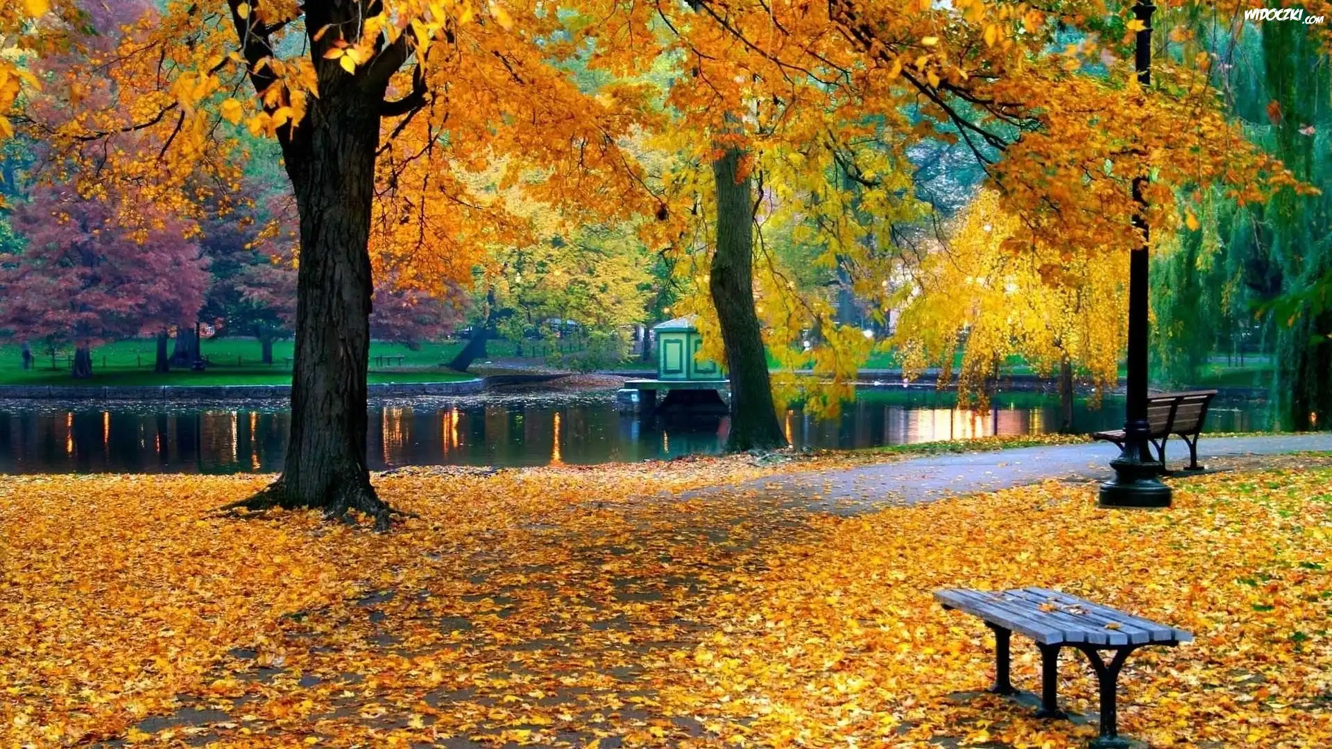 Park, Rzeka, Ławka, Jesień