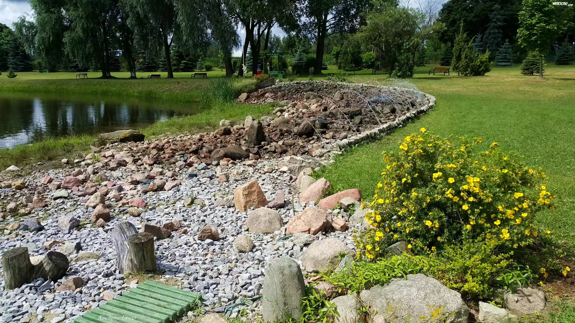 Park, Staw, Kamienie, Ławki, Kwiaty