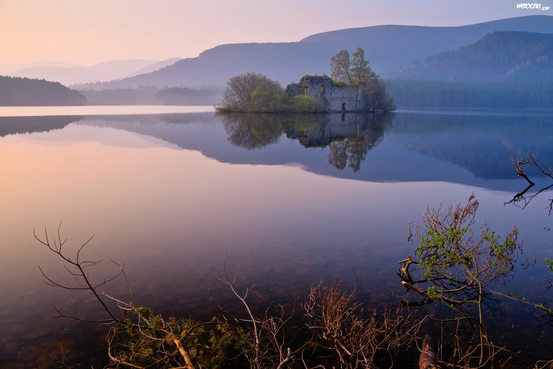 Szkocja, Park Narodowy Cairngorms, Jezioro Loch an Eilein, Zamek Loch an Eilein - Loch An Eilein Castle, Jezioro, Drzewa, Budynek, Ruiny, Mgła, Góry, Ruiny