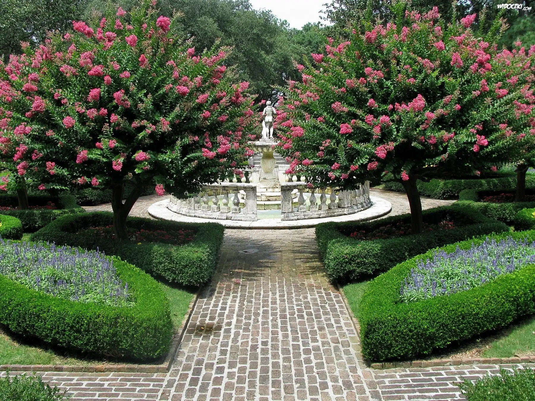 Park, Żywopłoty, Kwitnące, Drzewa, Posążek