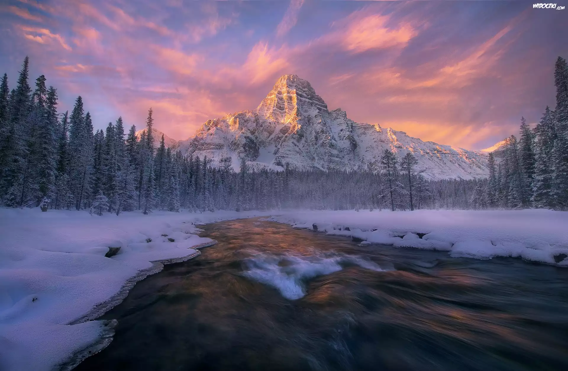 Kanada, Park Narodowy Banff, Zima, Rzeka, Drzewa, Góry