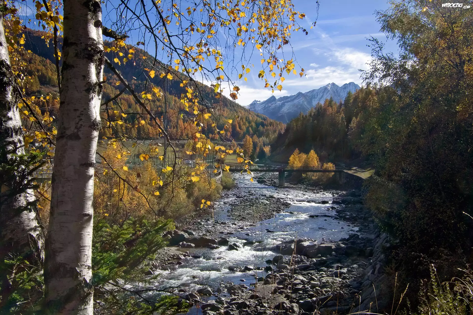 Jesień, Rzeka, Most, Drzewa, Góry, Park Narodowy Gran Paradiso, Dolina Aosty, Włochy