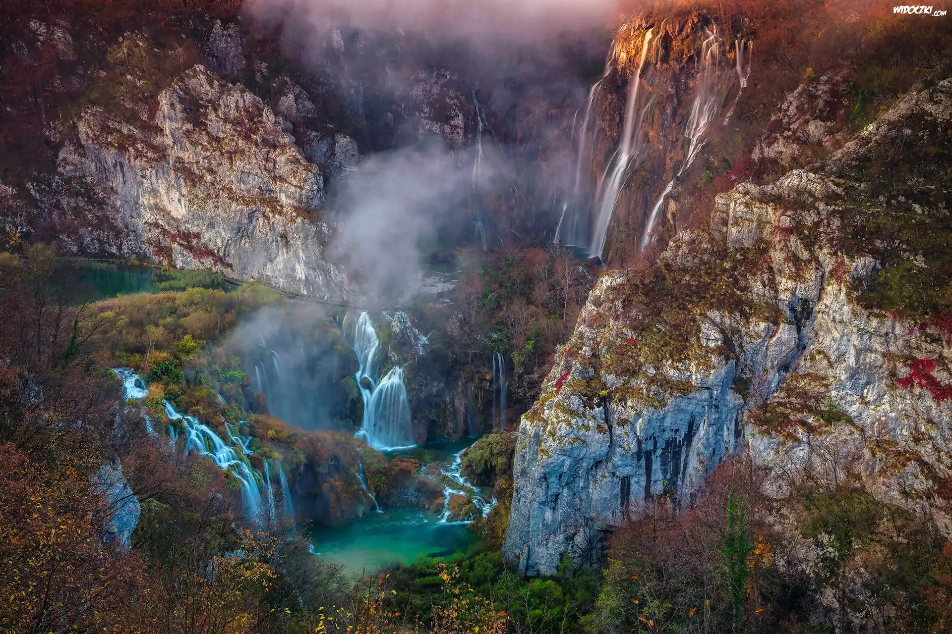 Chorwacja, Plitvice, Park Narodowy Jezior Plitwickich, Wodospad, Góry, Skały, Jeziora, Krzewy