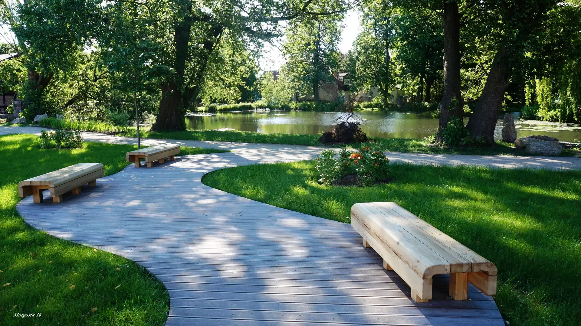 Park, Ścieżka, Ławeczki, Drzewa, Jeziorko, Zieleń