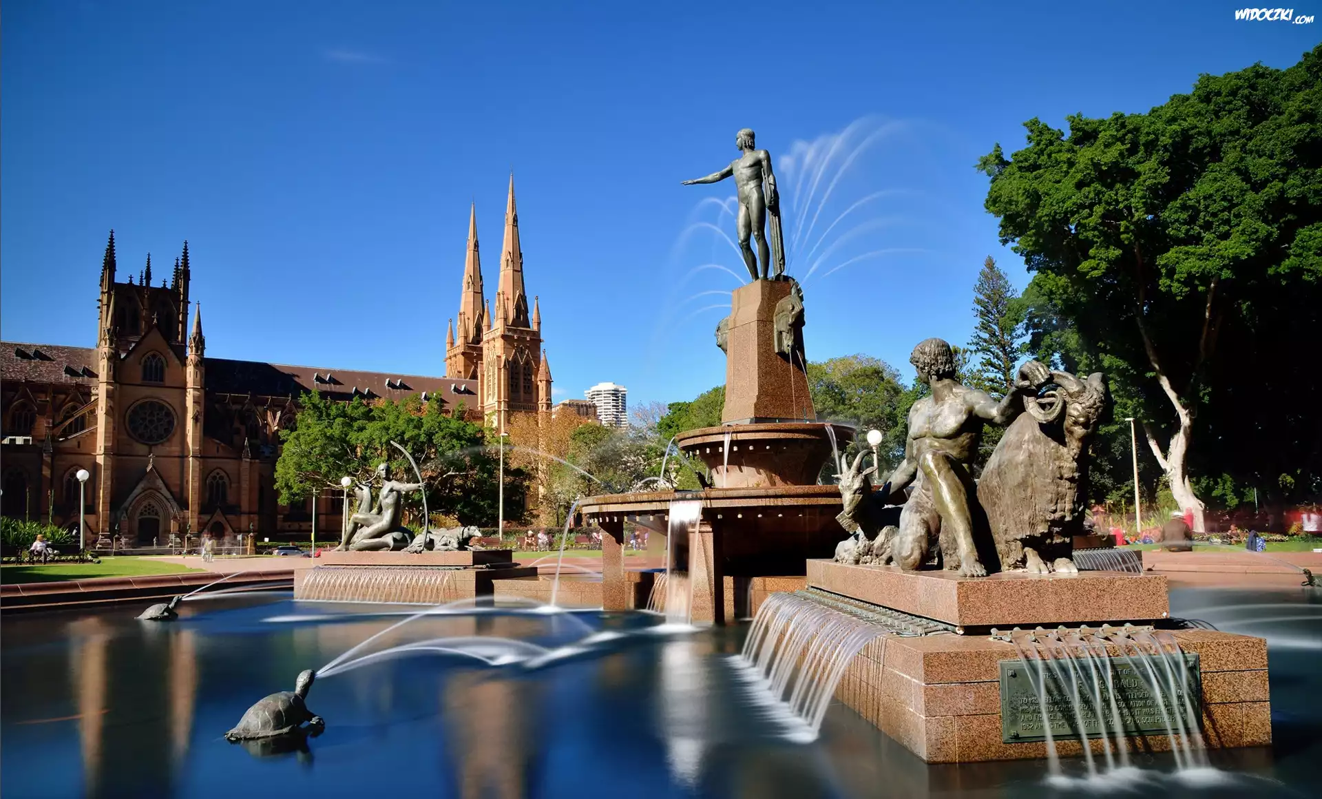 Park, Zabudowa, Fontanny, Monumenty, Drzewa