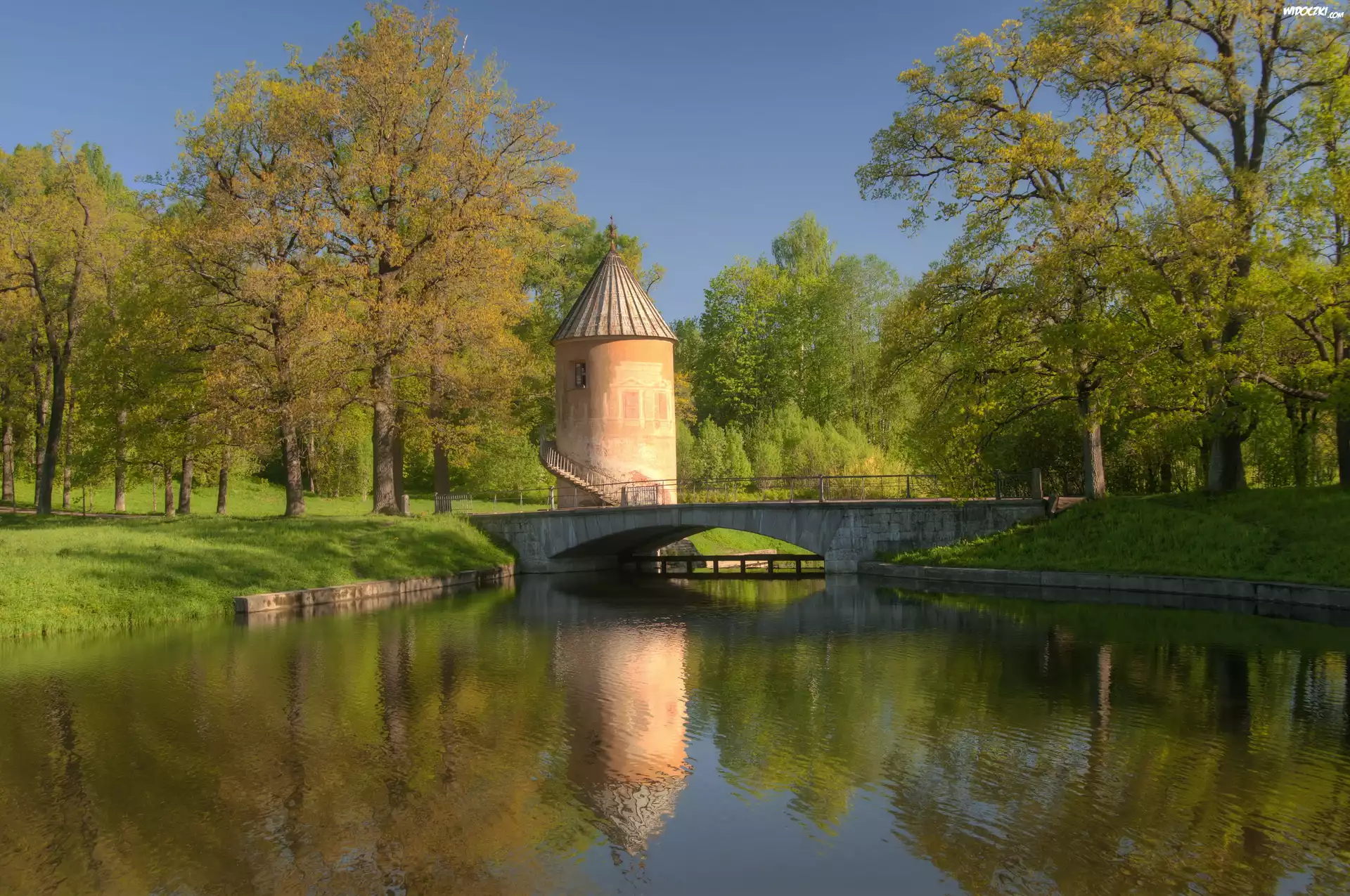Park, Rzeka, Mostek, Drzewa