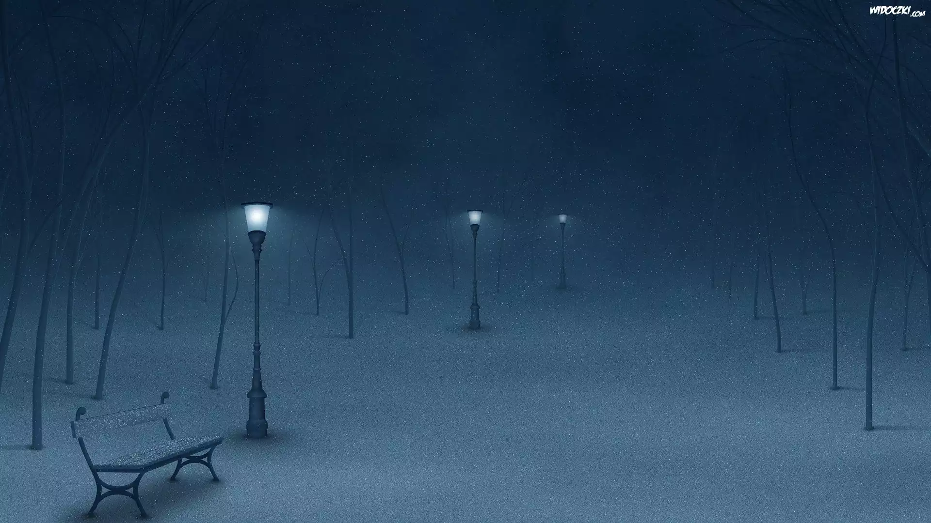 Park, Noc, Śnieg, Latarnie