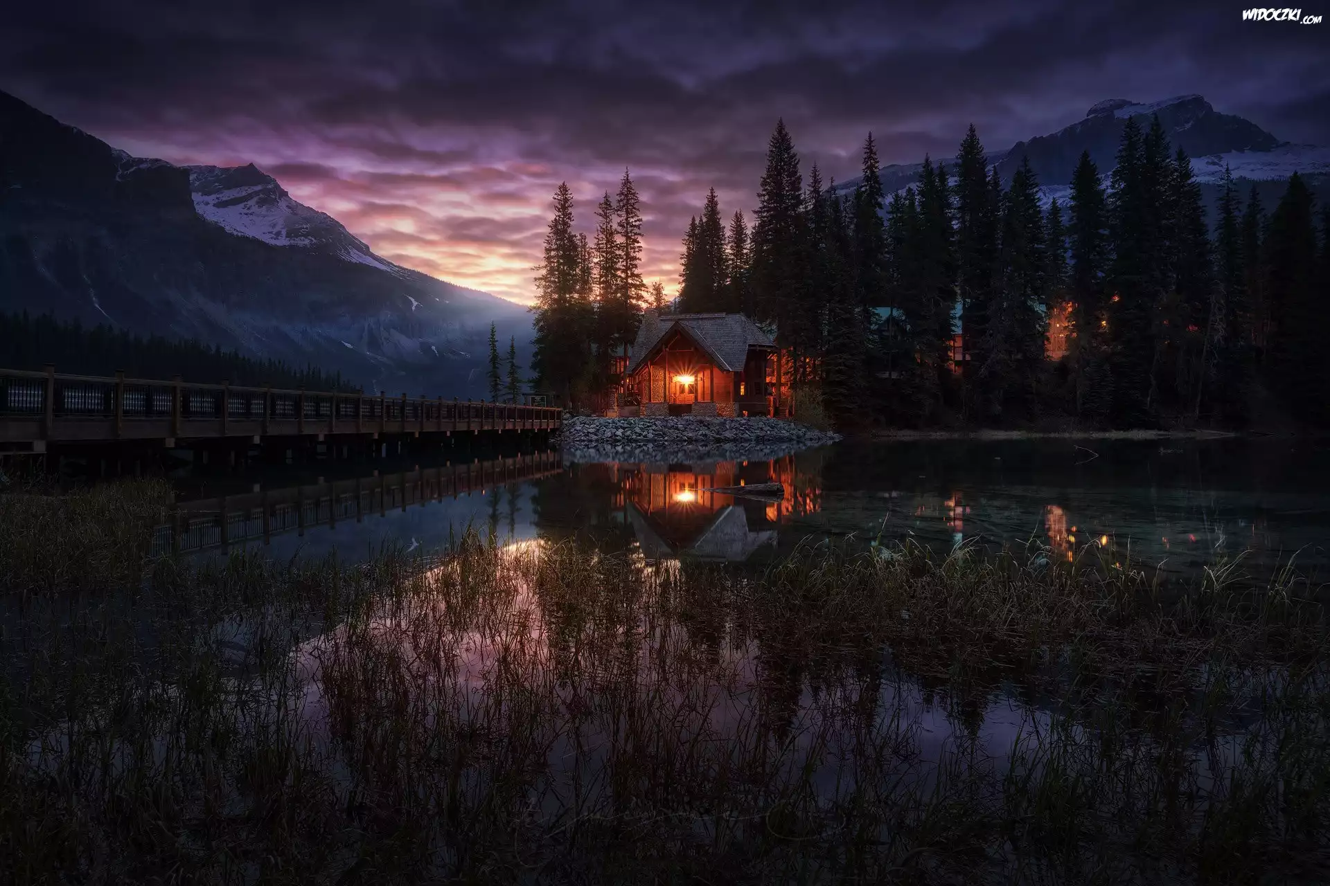Kanada, Park Narodowy Yoho, Jezioro, Dom, Góry, Noc