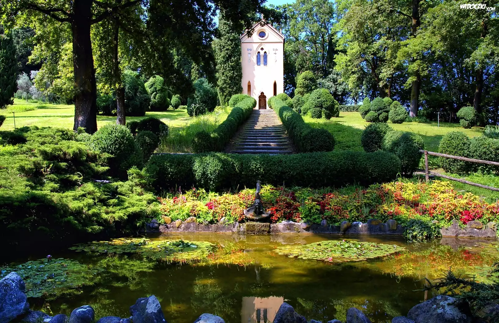 Park, Sadzawka, Fontanna, Kaplica, Przebijające, Światło