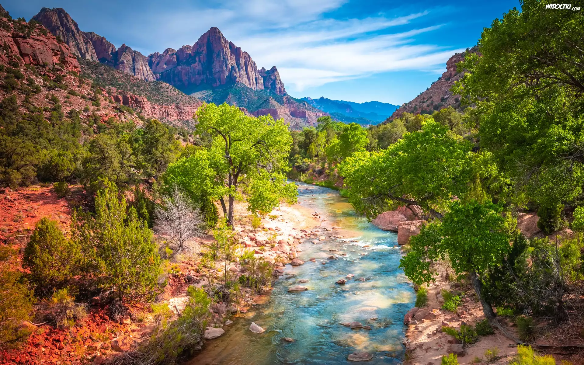 Park Narodowy Zion, Góry, Góra Watchman, Drzewa, Rzeka Virgin River, Kamienie, Chmury, Stan Utah, Stany Zjednoczone