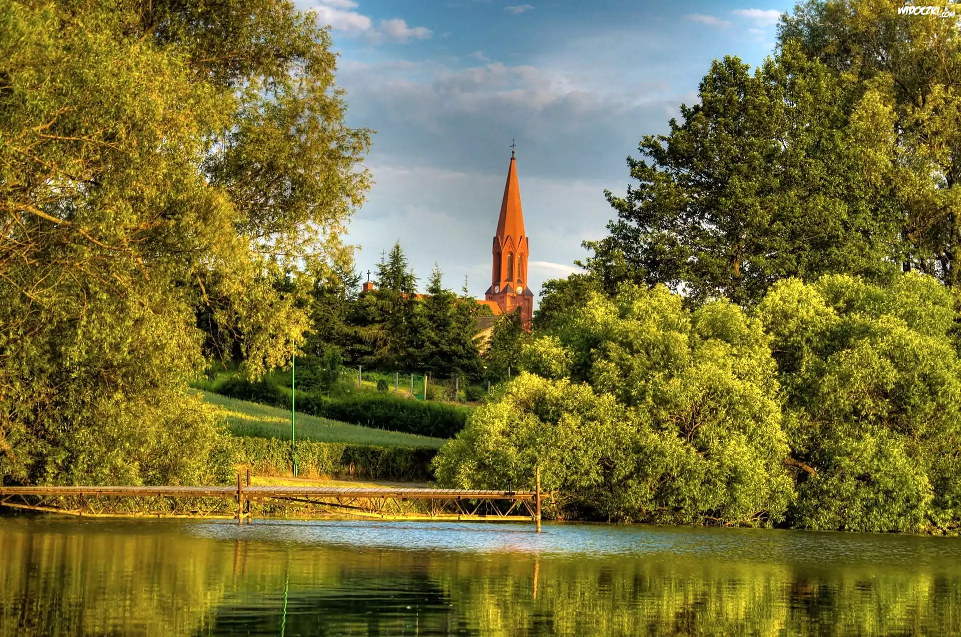 Park, Jezioro, Pomost, Wieża, Kościoła