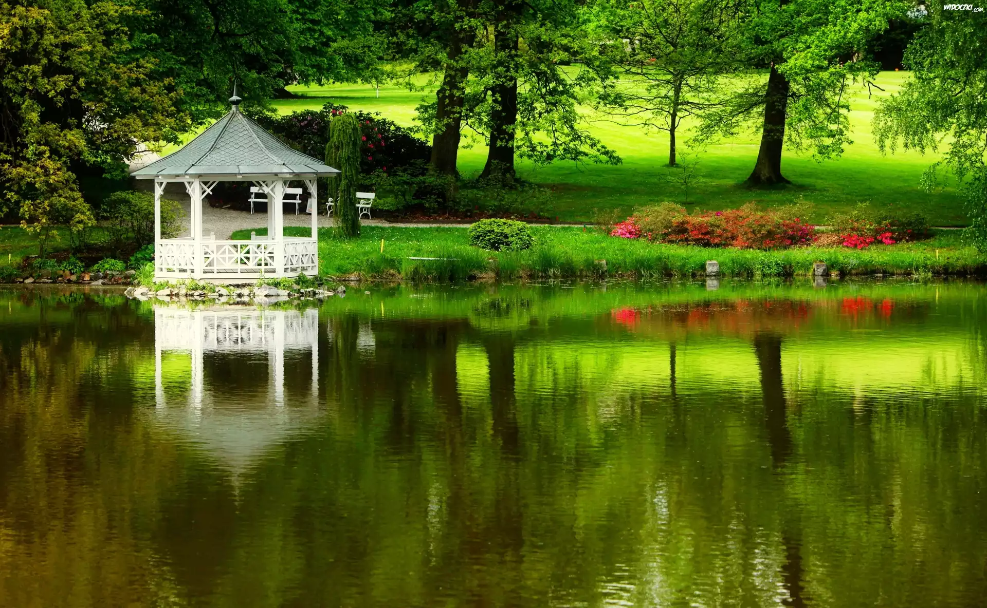 Park, Staw, Altanka, Zieleń, Kwiaty
