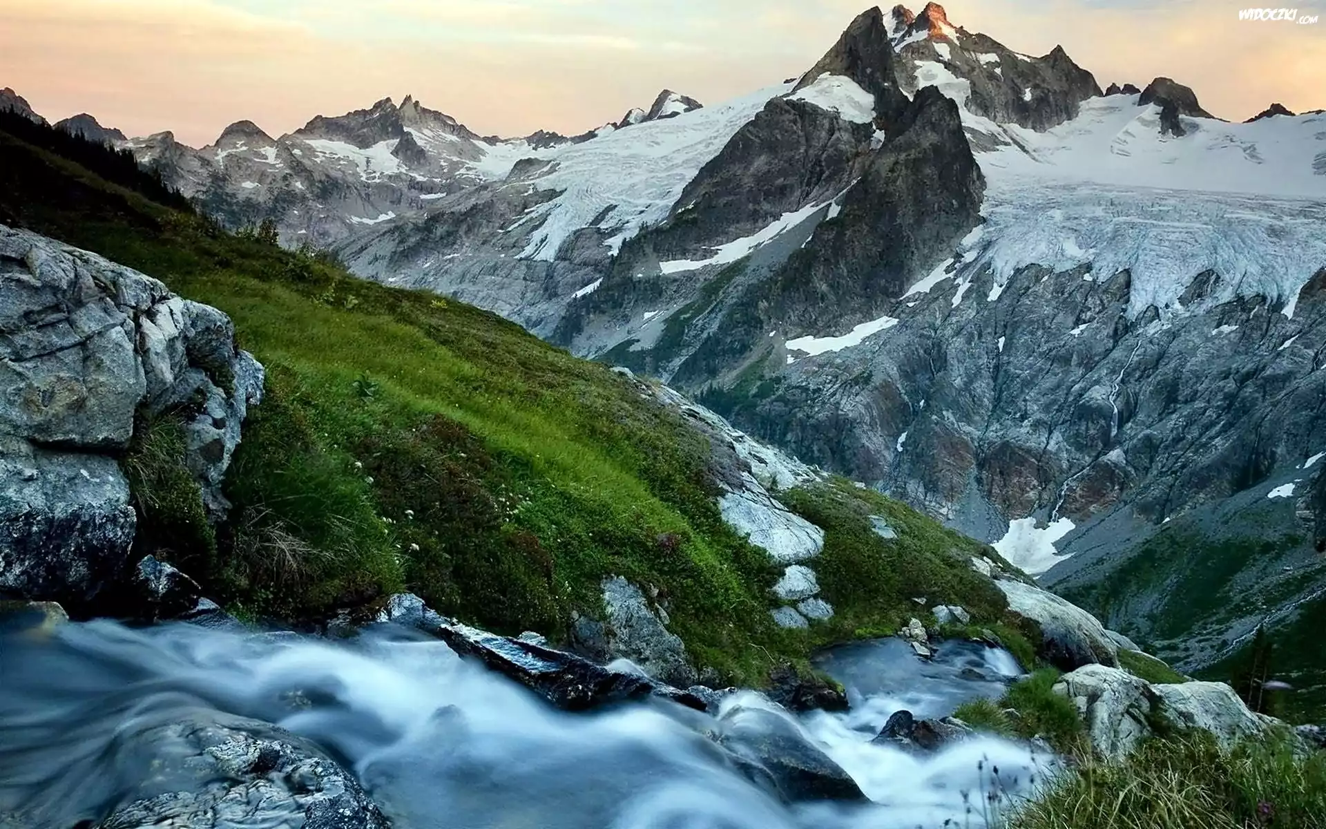 Patagonia, Góry, Lodowiec, Kanion, Łąka, Potok