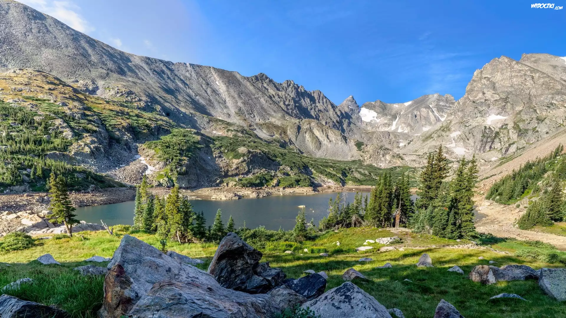 Stany Zjednoczone, Stan Kolorado, Indian Peaks Wilderness, Góry, Jezioro Isabelle, Kamienie, Świerki