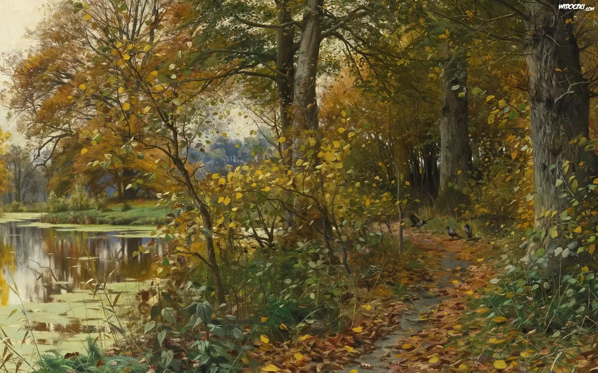Malarstwo, Peder Monsted, Jesień, Staw, Ptaki, Ścieżka, Drzewa