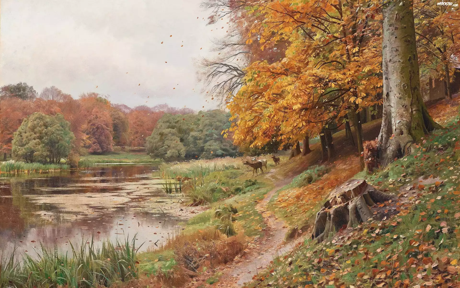 Jesień, Las, Jezioro, Obraz, Malarstwo, Peder Mork Monsted, Pejzaż, Drzewa, Ścieżka, Sarny