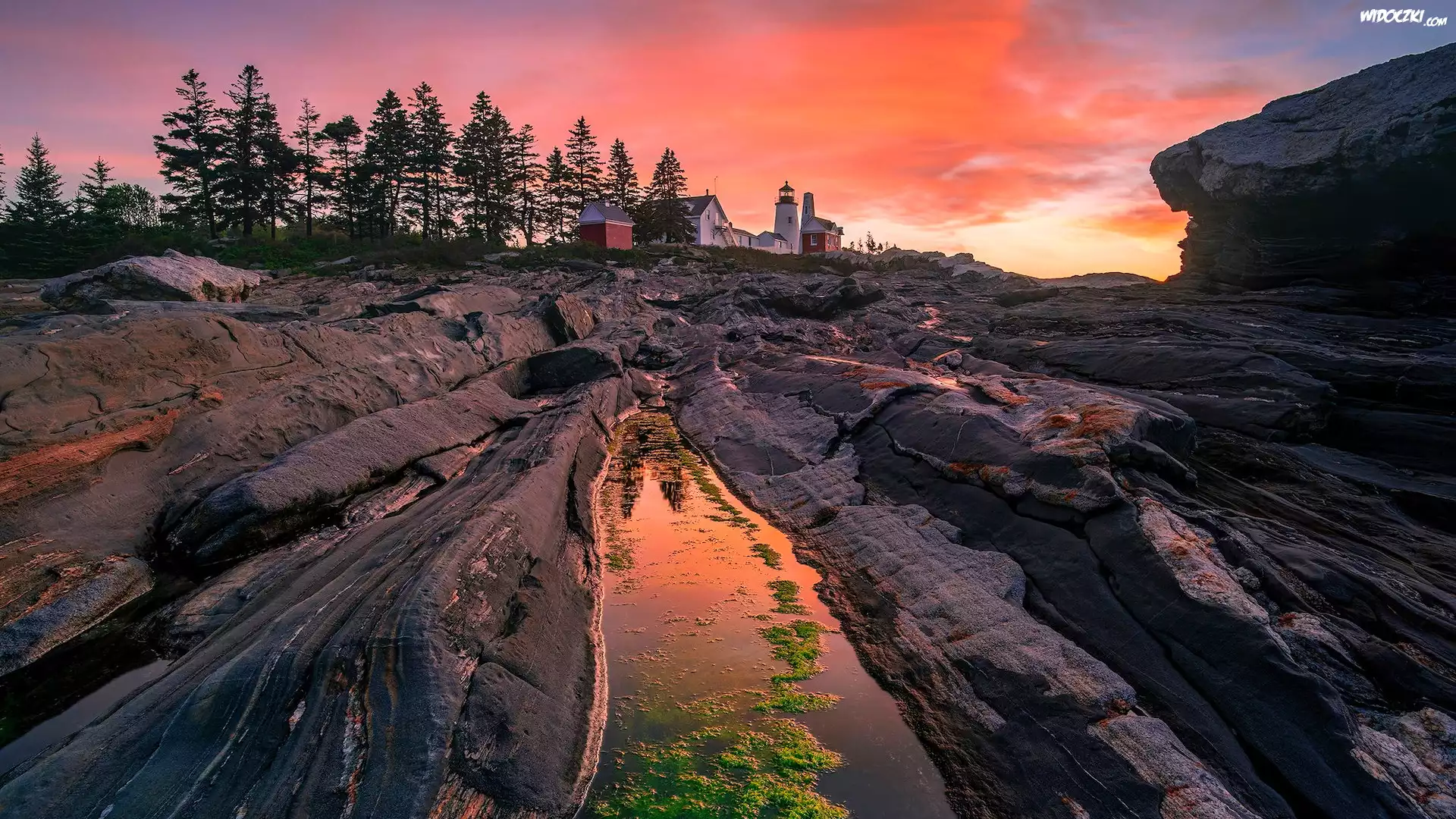 Skały, Latarnia morska, Pemaquid Point Lighthouse, Drzewa, Zachód słońca, Stan Maine, Stany Zjednoczone