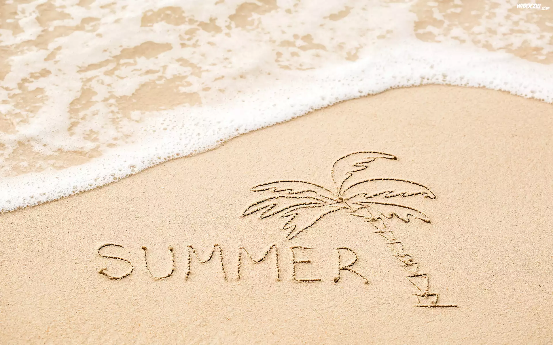 Plaża, Piasek, Napis, Summer, Lato, Palma, Woda