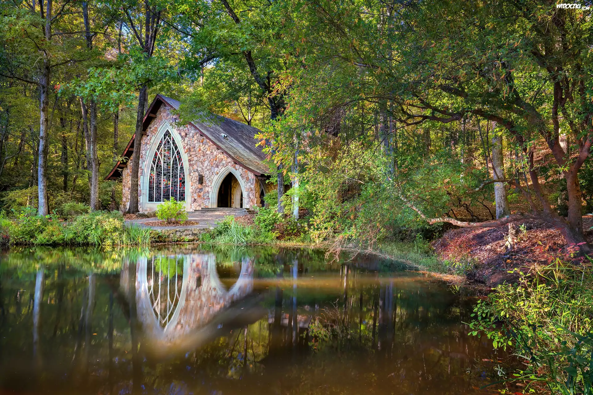Stany Zjednoczone, Stan Georgia, Pine Mountain, Callaway Gardens, Kapliczka, Las, Jezioro Falls Creek Lake