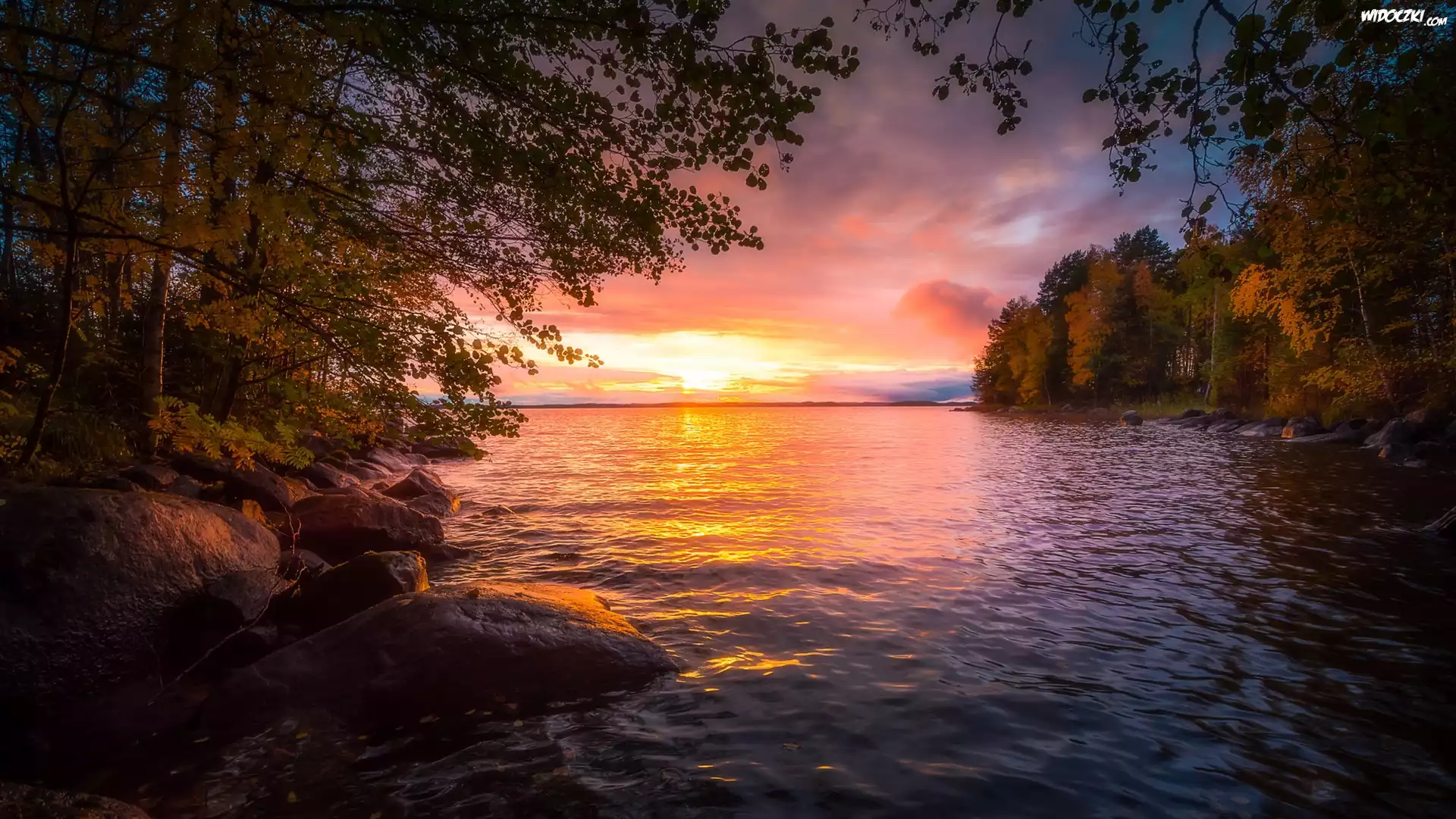 Finlandia, Region Pirkanmaa, Jezioro Näsijärvi, Zachód słońca, Drzewa, Kamienie