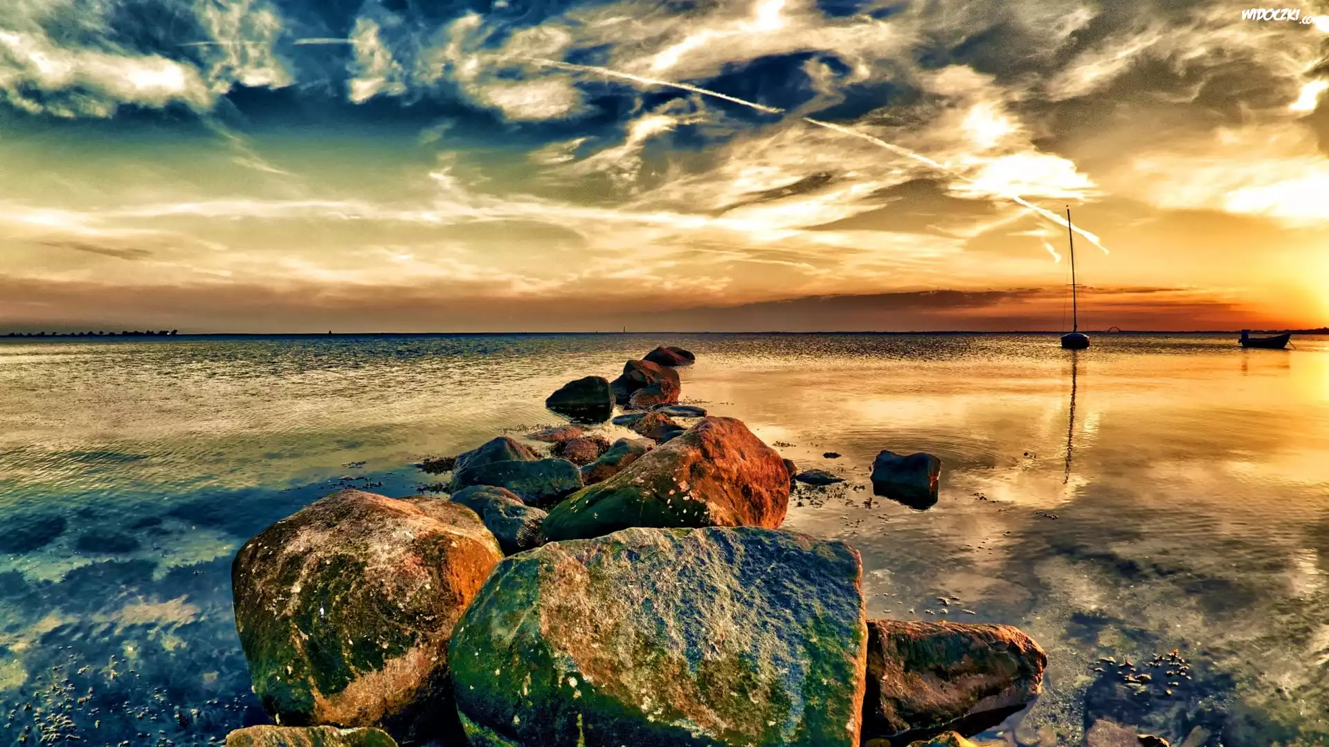 Plaża, Morze, Kamienie, Chmury