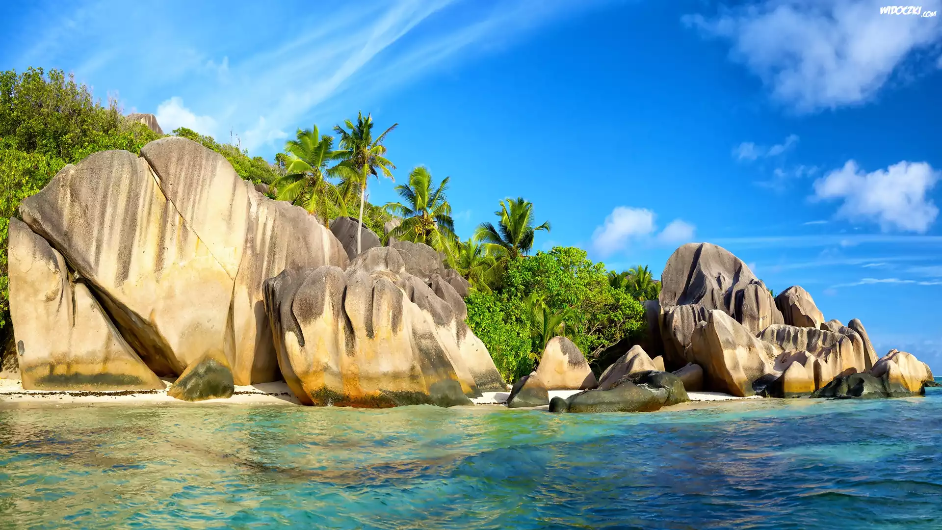 Seszele, Wyspa La Digue, Plaża Anse Source d Argent, Morze, Skały, Głazy, Palmy, Roślinność