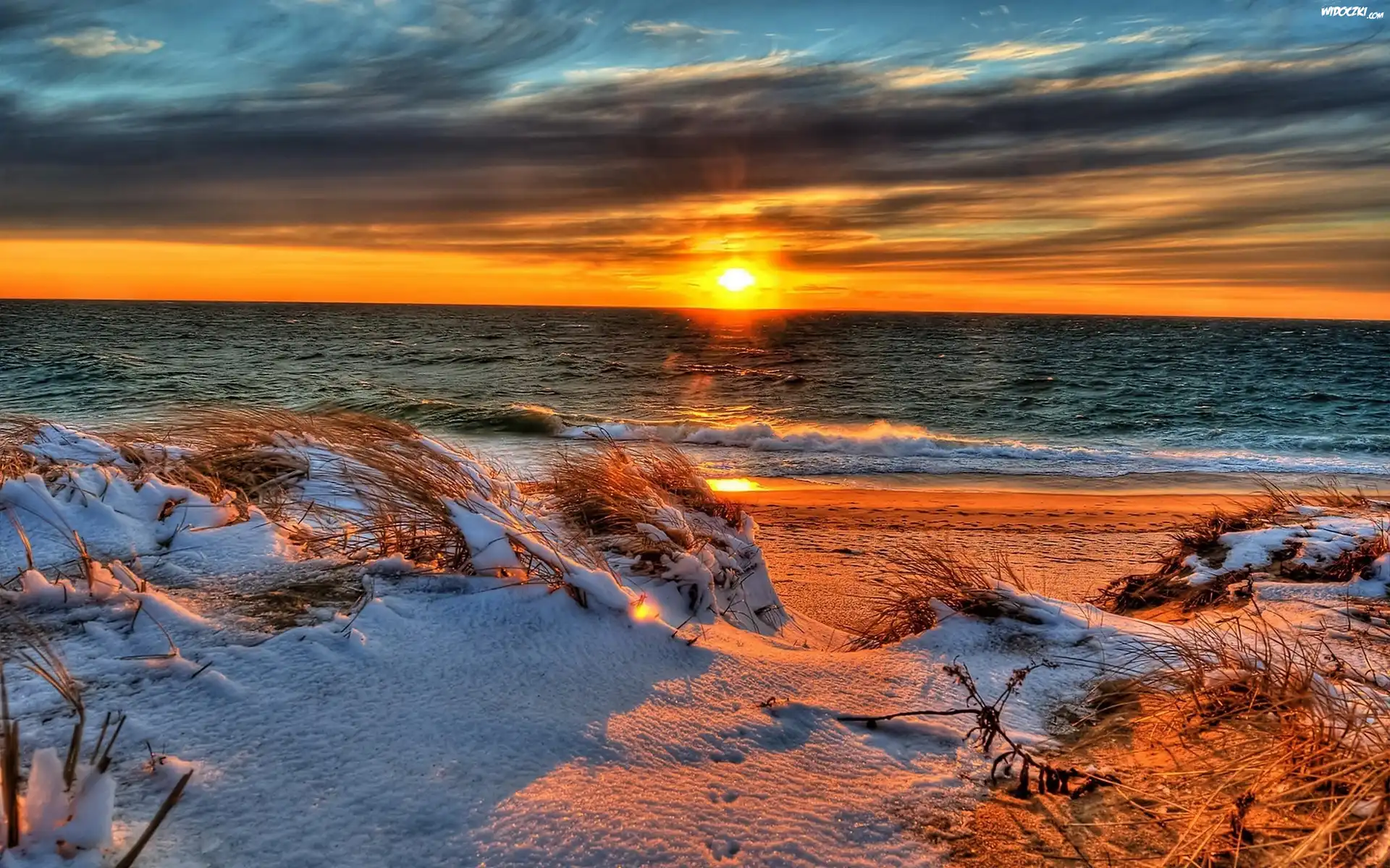 Plaża, Wydmy, Śnieg, Zachód Słońca, Morze