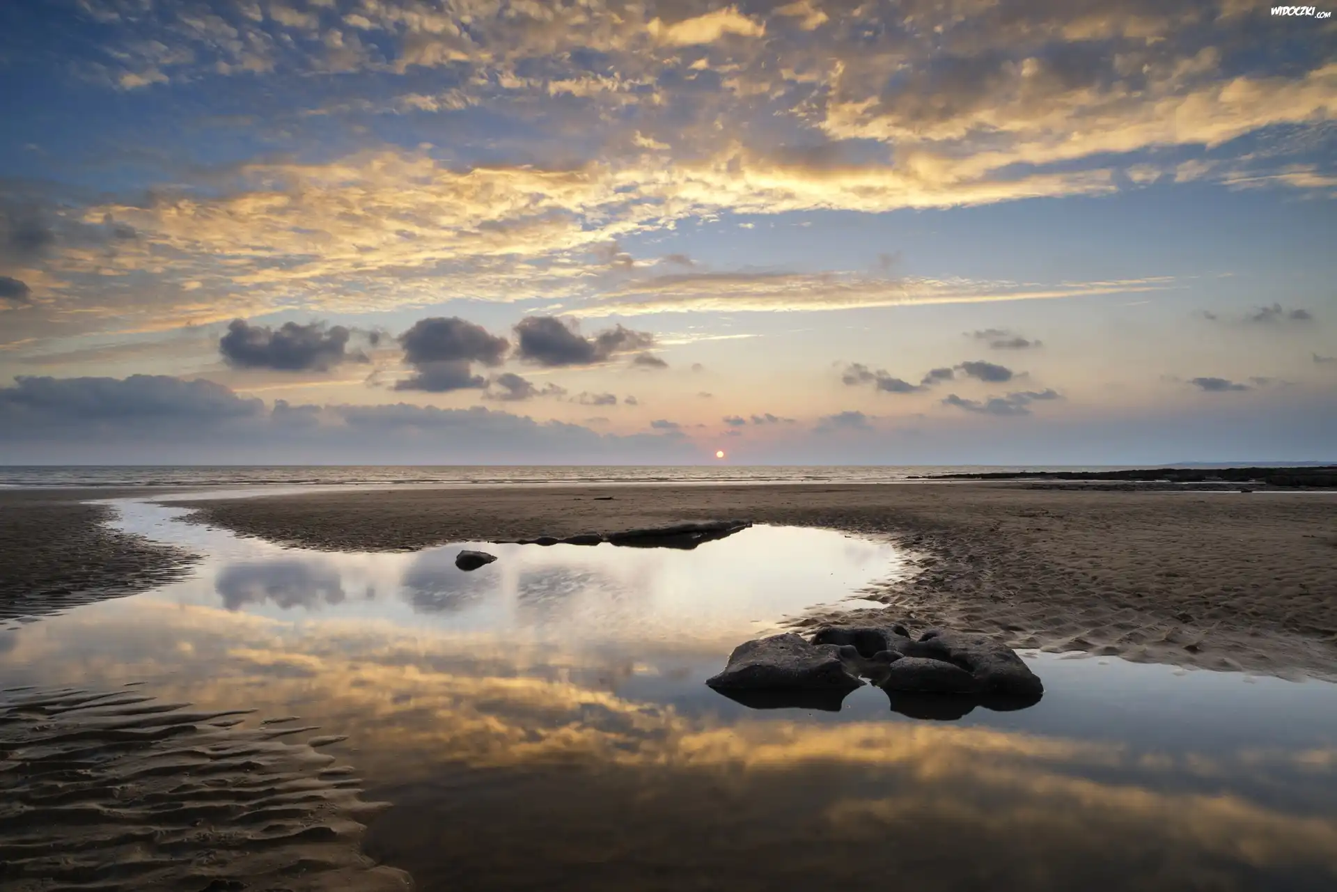 Walia, Plaża, Dunraven Bay, Chmury, Świt, Wschód słońca